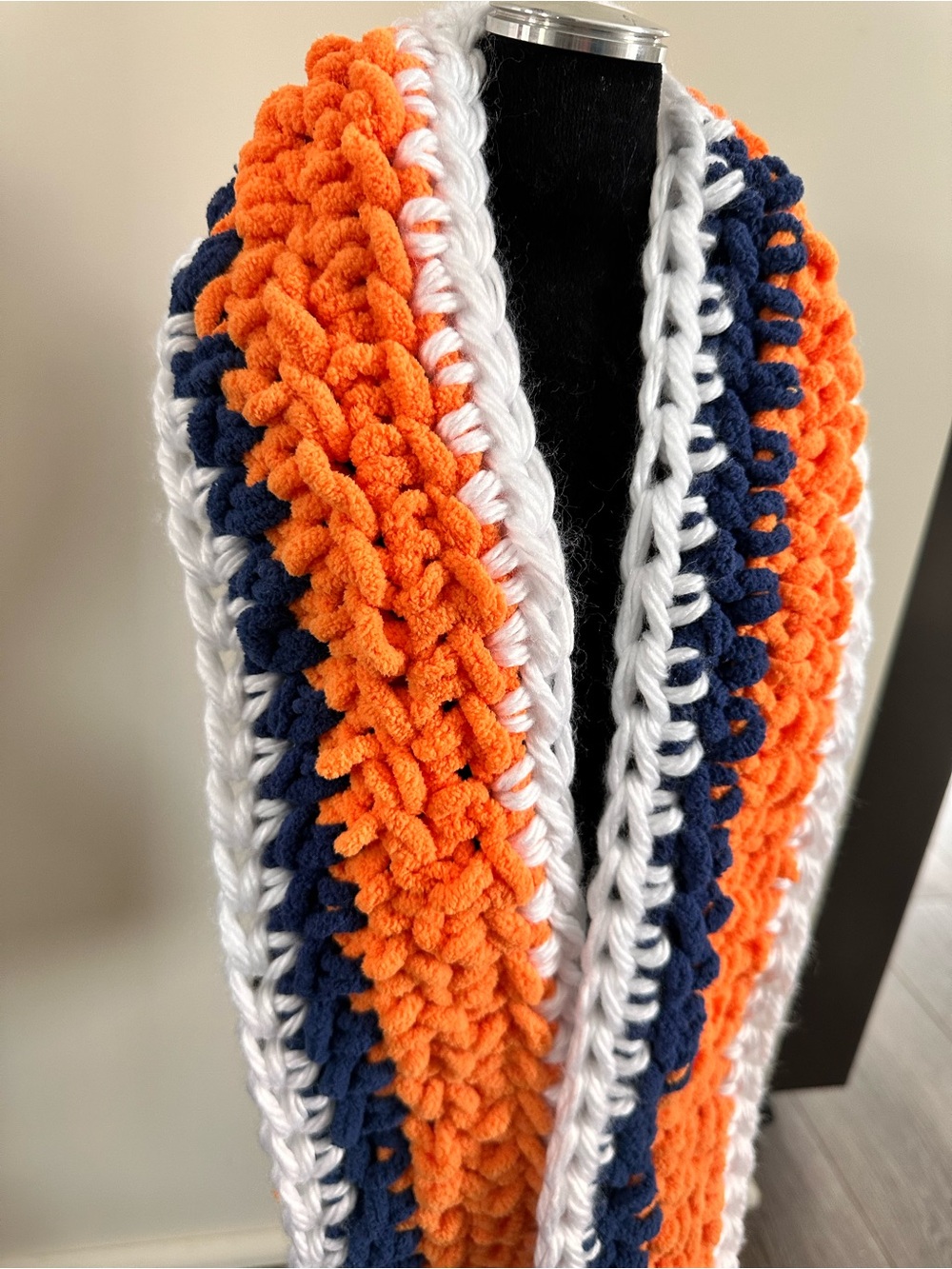 Handmade Plush Crochet Scarf - Orange, Navy & White